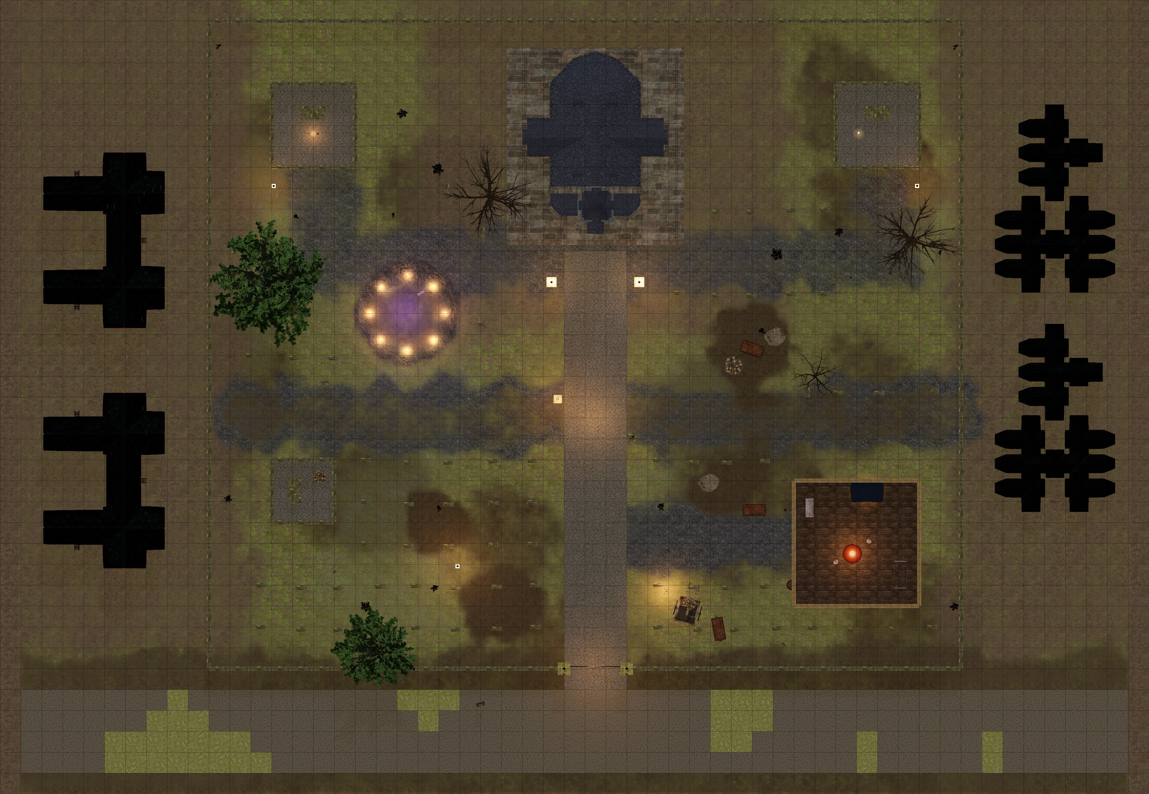 Top-down gridded battle map of Ashgrave Cemetery