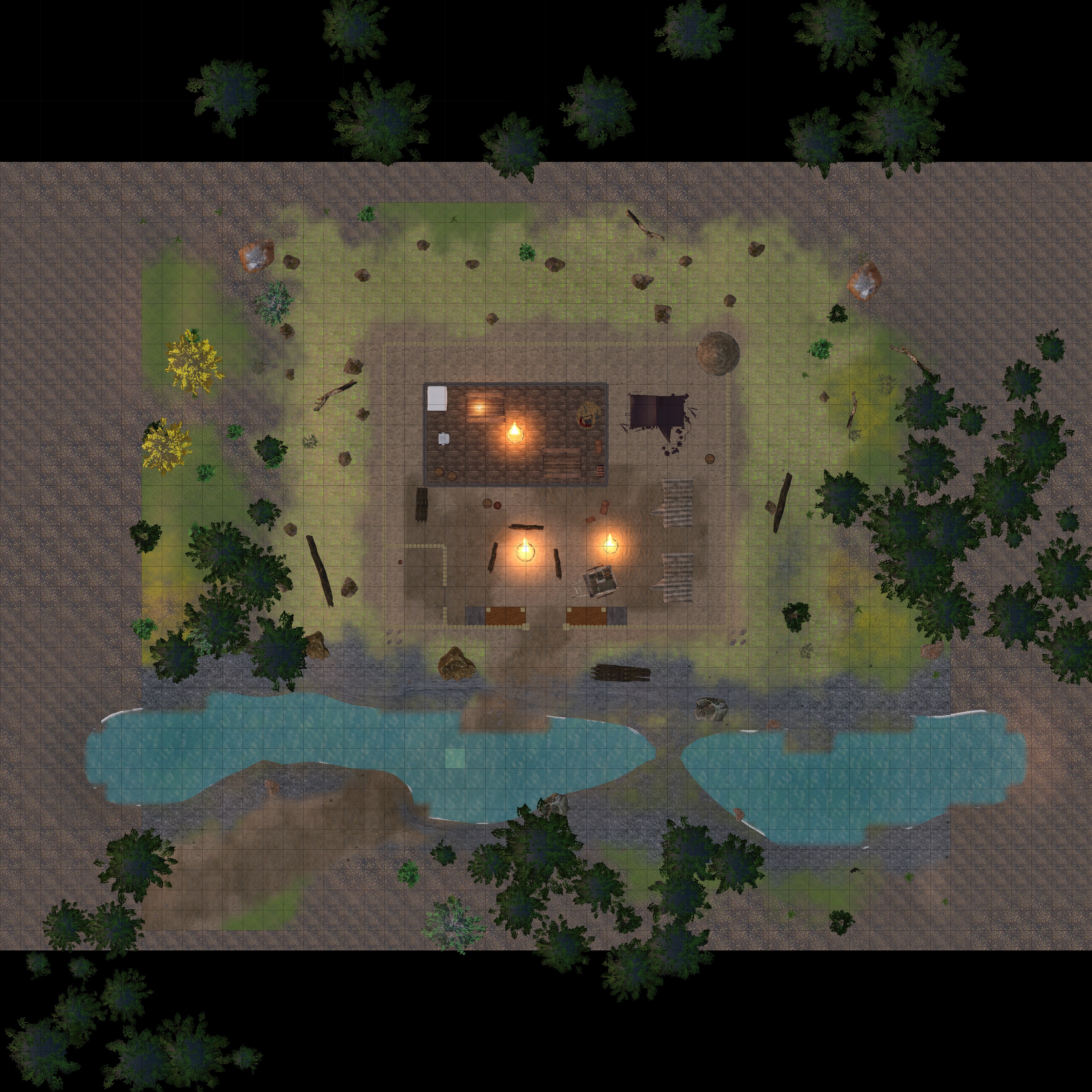 Top-down gridded battle map of Wolf's Tooth Bandit Camp