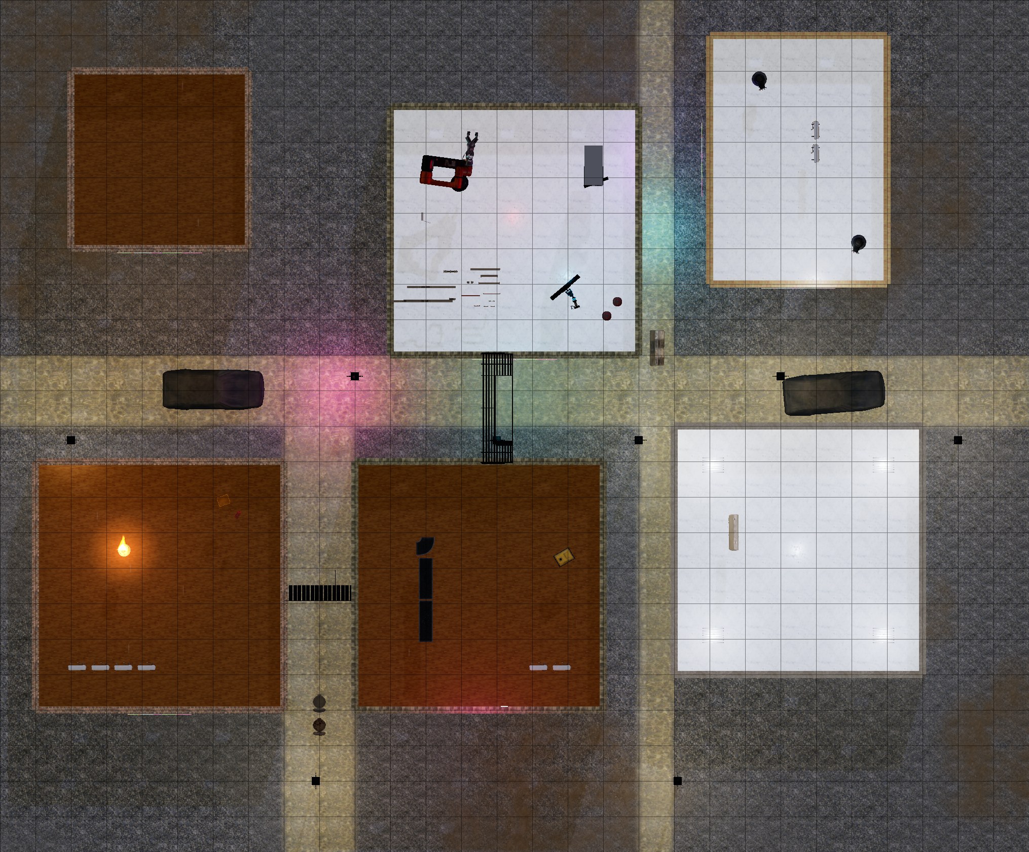Top-down gridded battle map of Rooftop Run