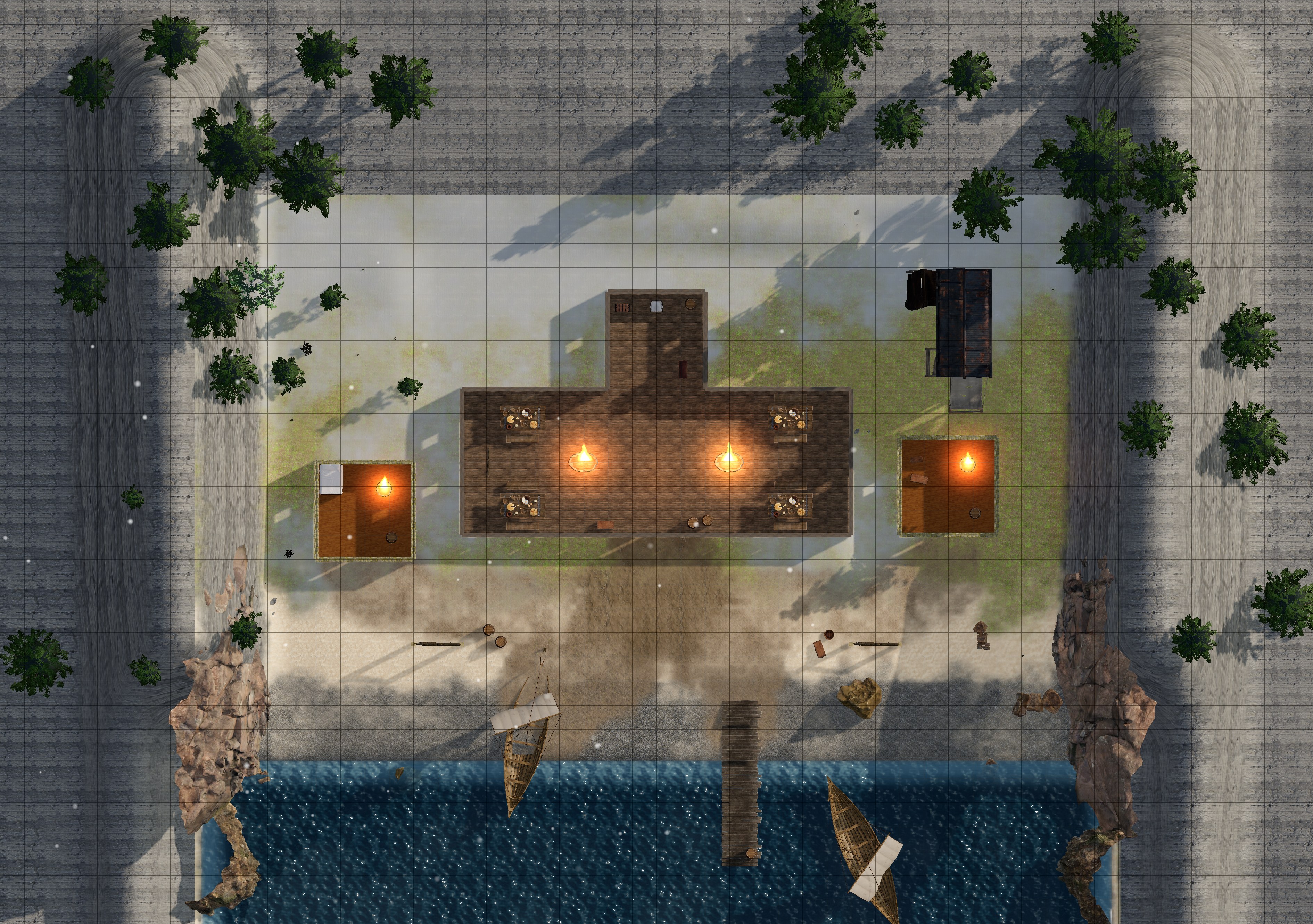 Top-down gridded battle map of Raiders' Fjord