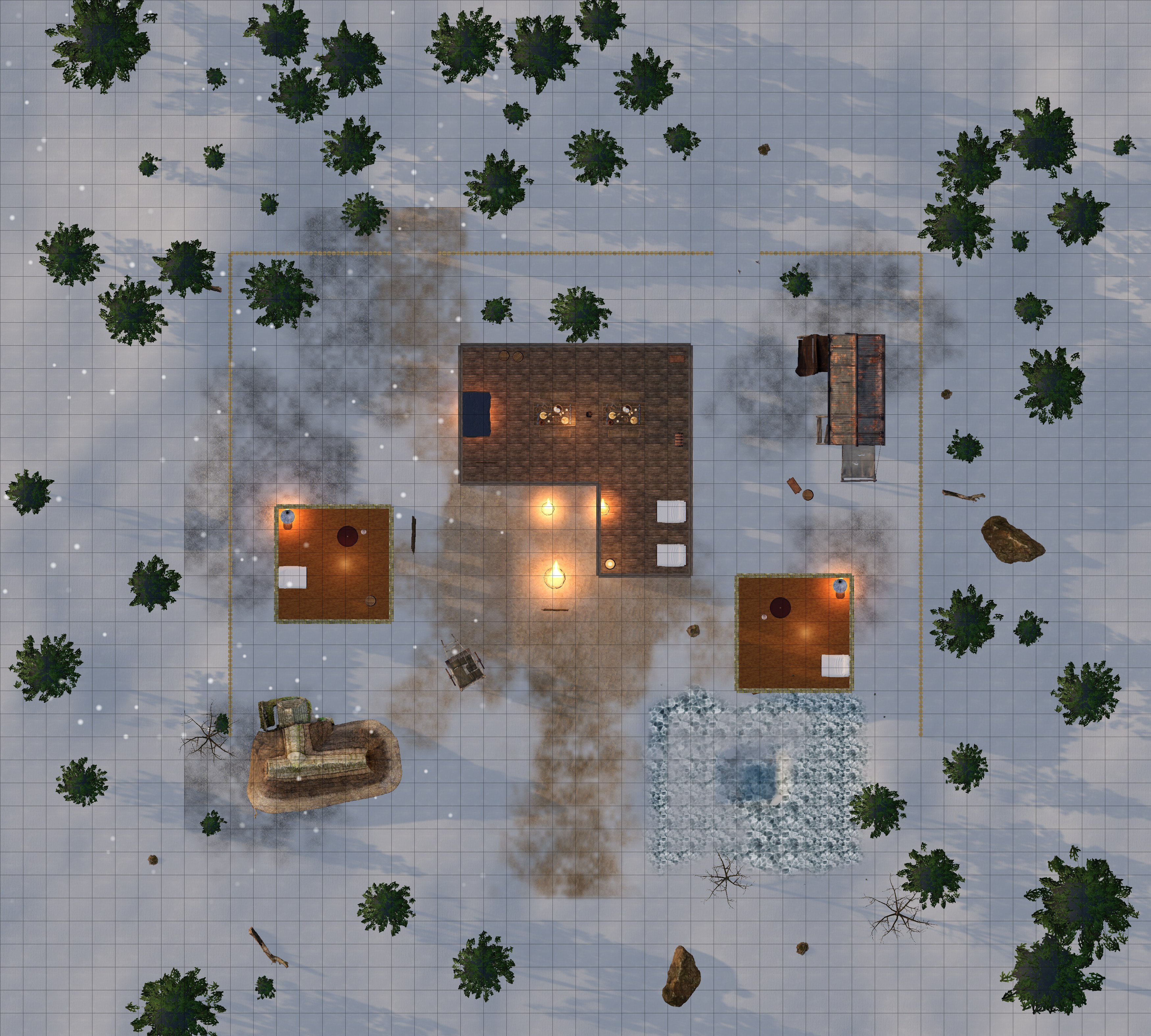 Top-down gridded battle map of Frostfall Hamlet