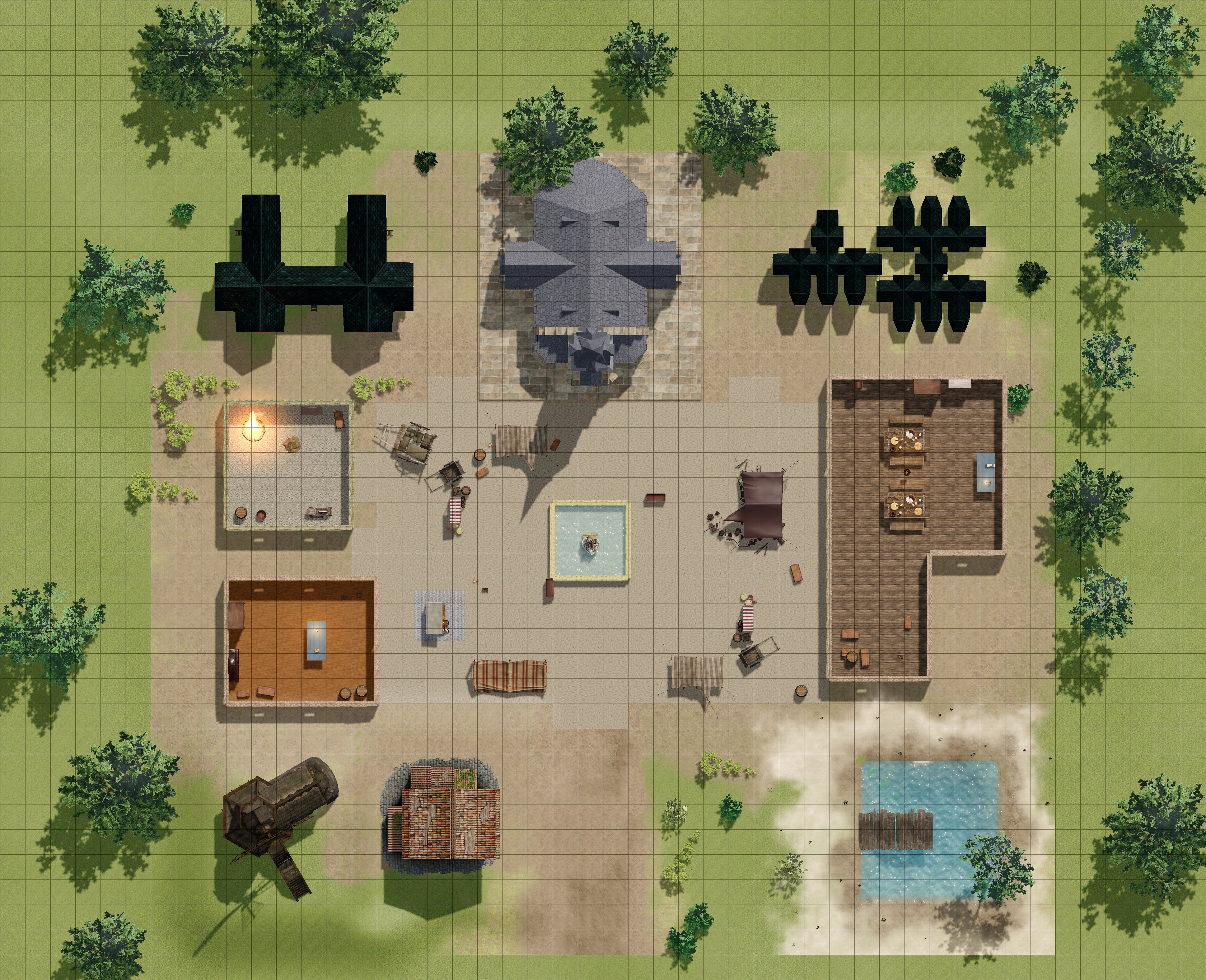 Top-down gridded battle map of Market Day at Millbrook