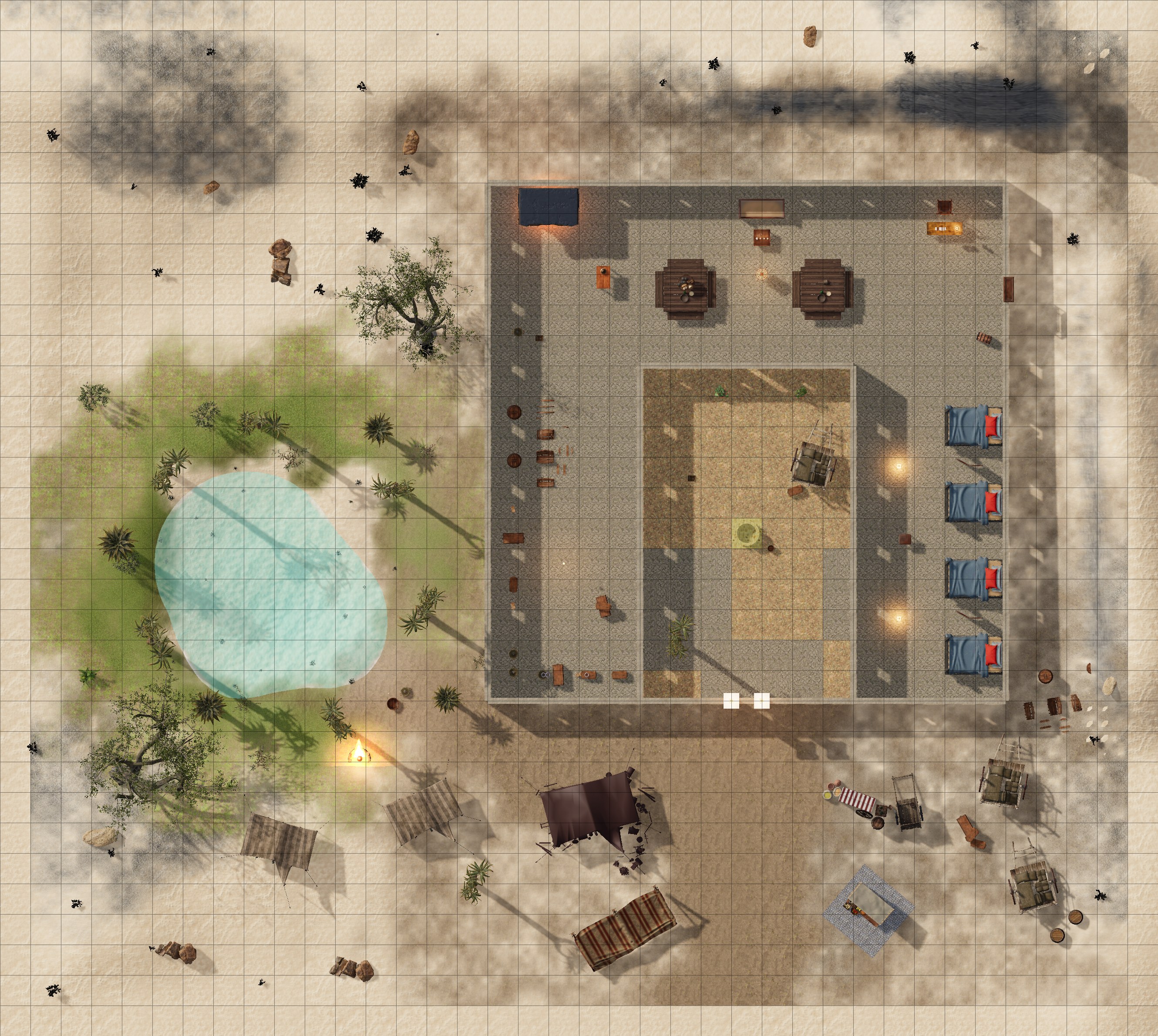 Top-down gridded battle map of Sunwell Caravanserai