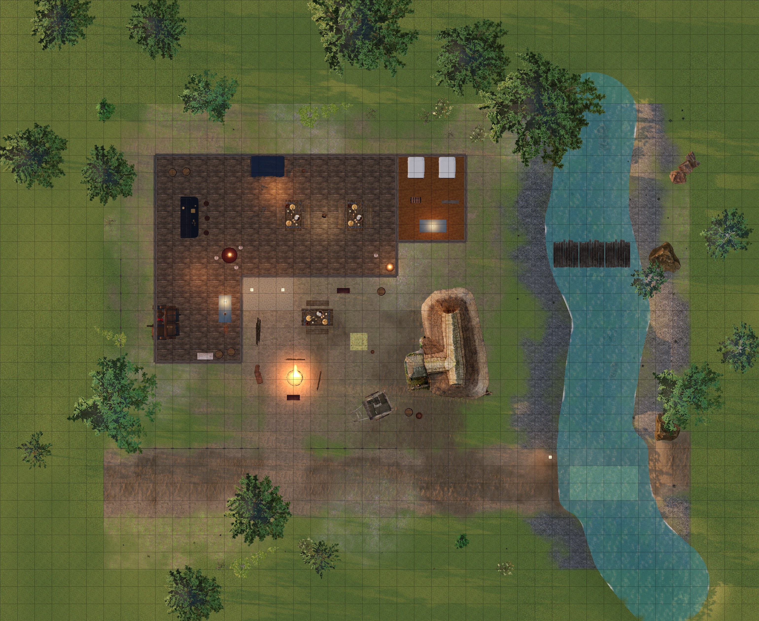 Top-down gridded battle map of The Weary Traveller