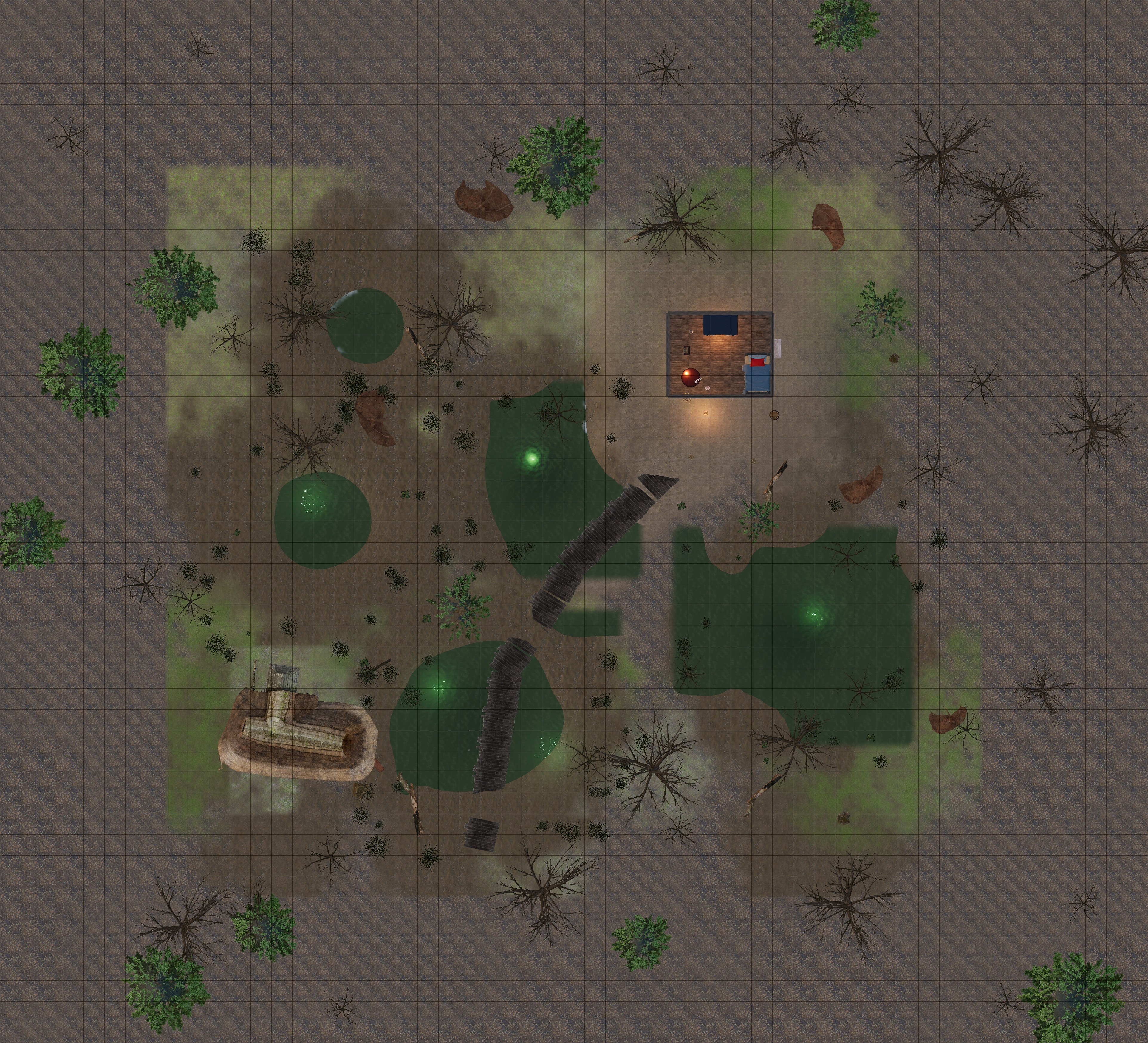 Top-down gridded battle map of The Witch of Blackfen