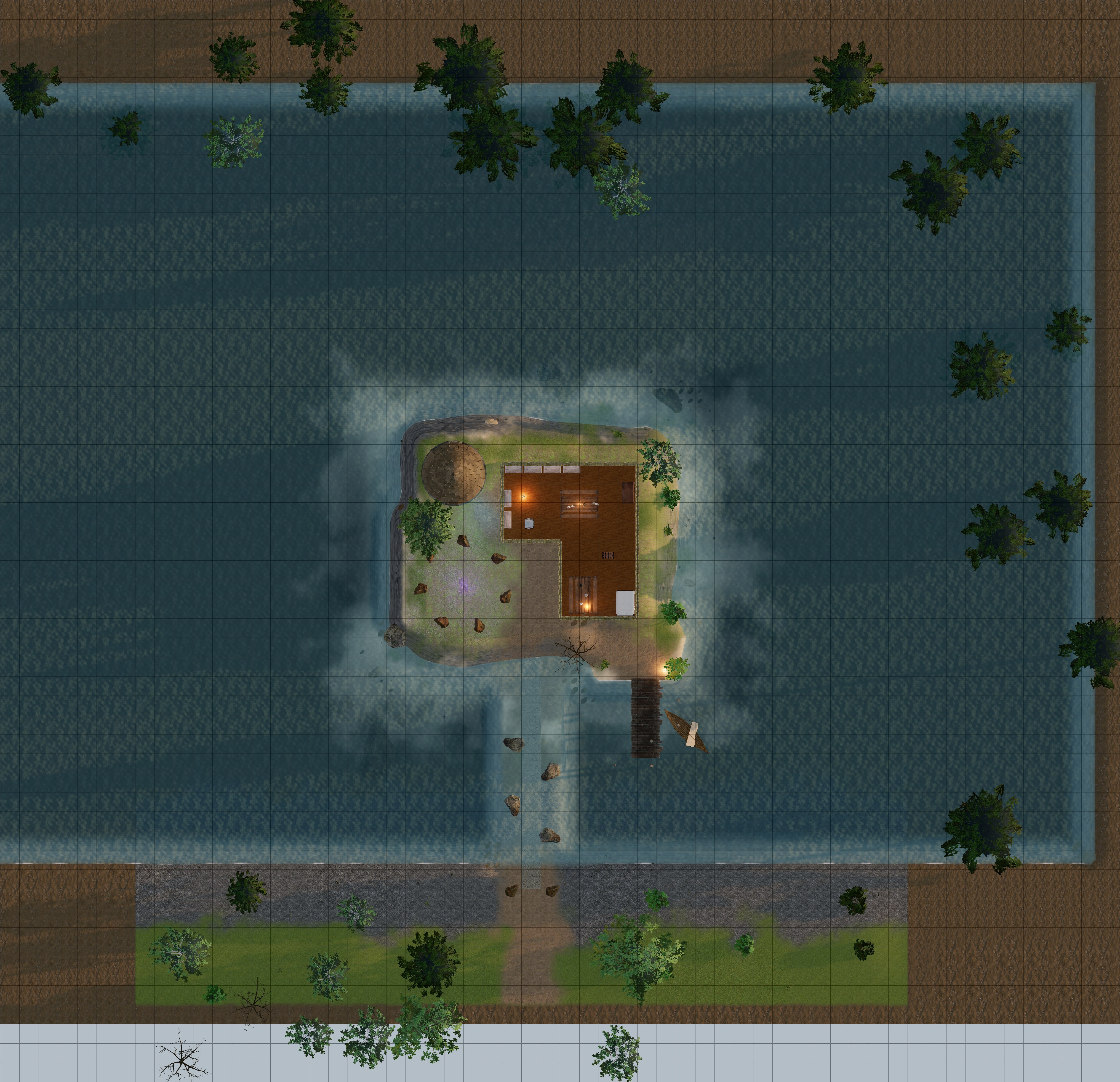 Top-down gridded battle map of The Drowned Tower