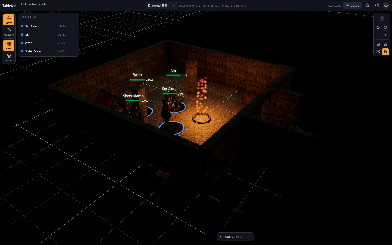 A player's view of the same dungeon: only the revealed cell block with the party and a brazier, everything else black