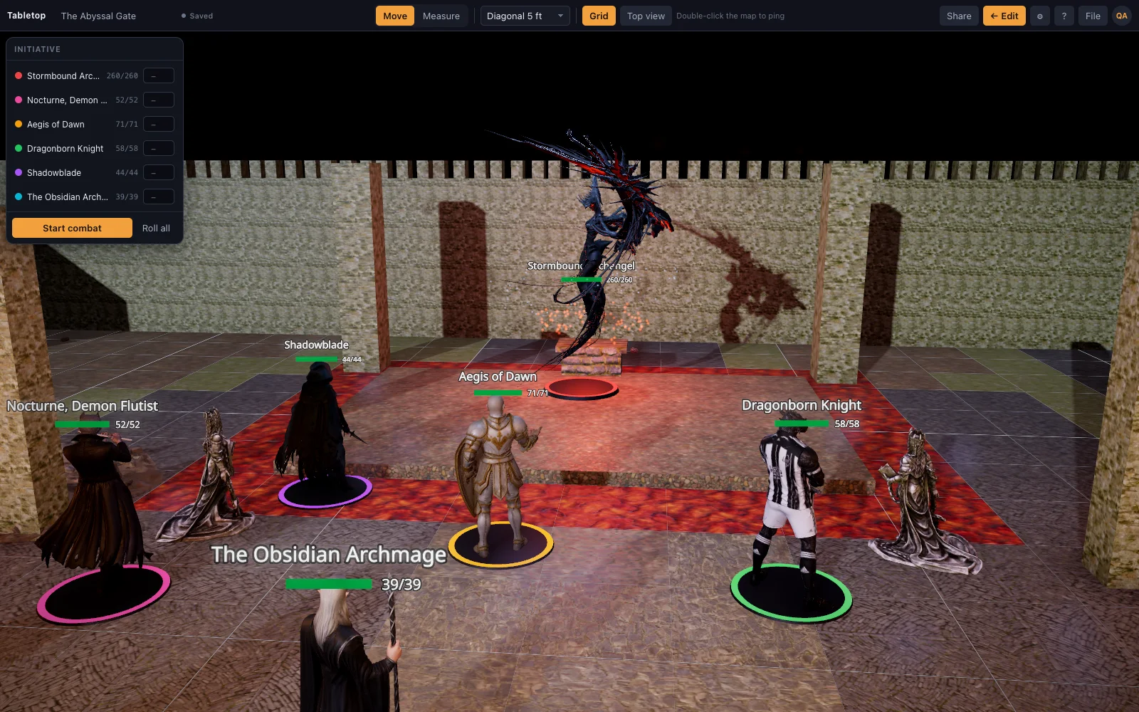 Play mode at the Abyssal Gate: initiative tracker, a token card for the paladin, HP bars over every mini