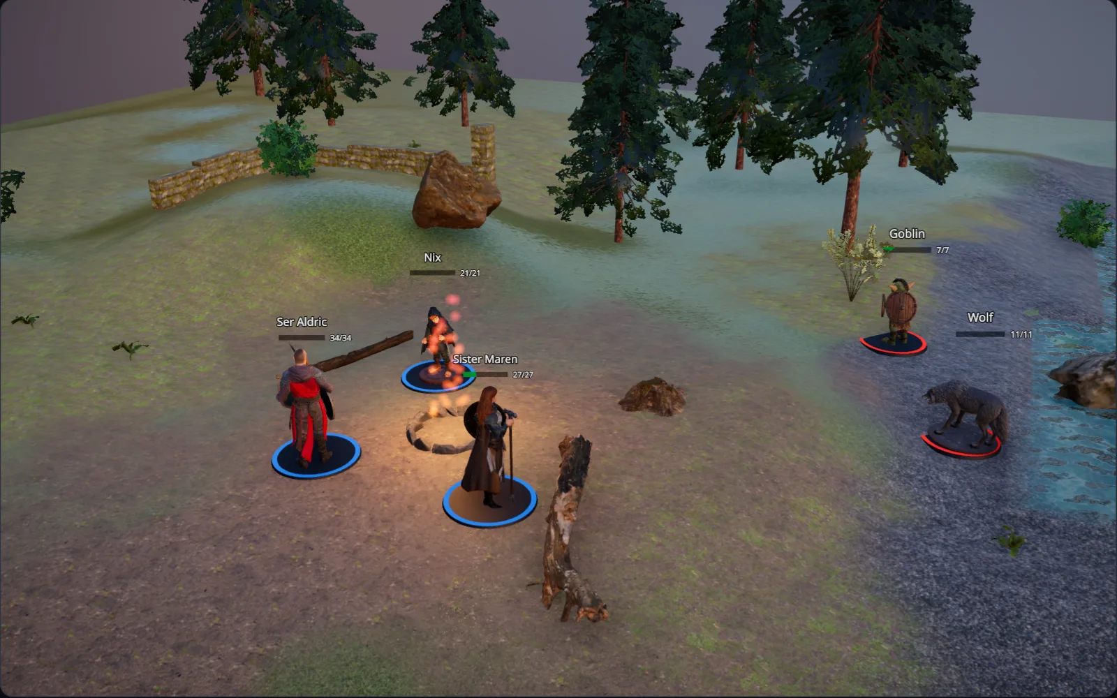 Camp at the Mossy Stones at dusk: a party of three minis round a campfire in a forest clearing, a goblin and a wolf across a brook, a ruined wall on the knoll