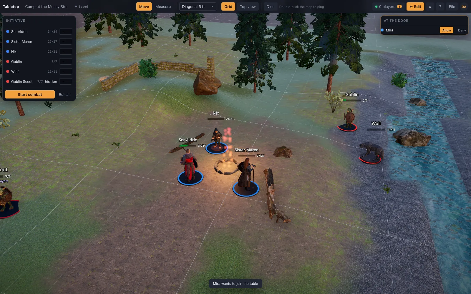 The host's screen at a shared table: the campfire scene in play mode, a player waiting at the door with Allow and Deny
