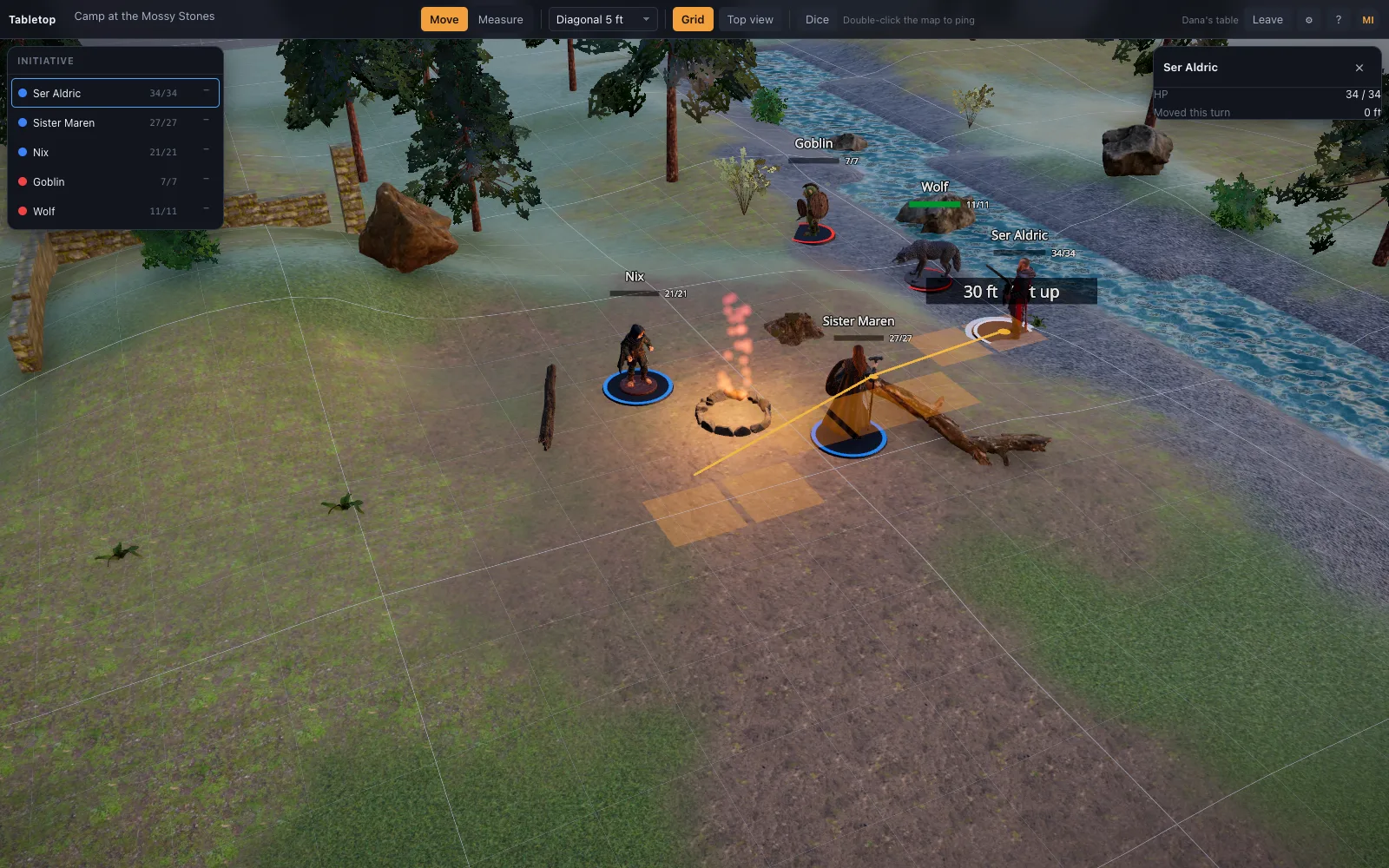 A player's screen at the same table: dragging the fighter across the clearing while the ruler counts the feet