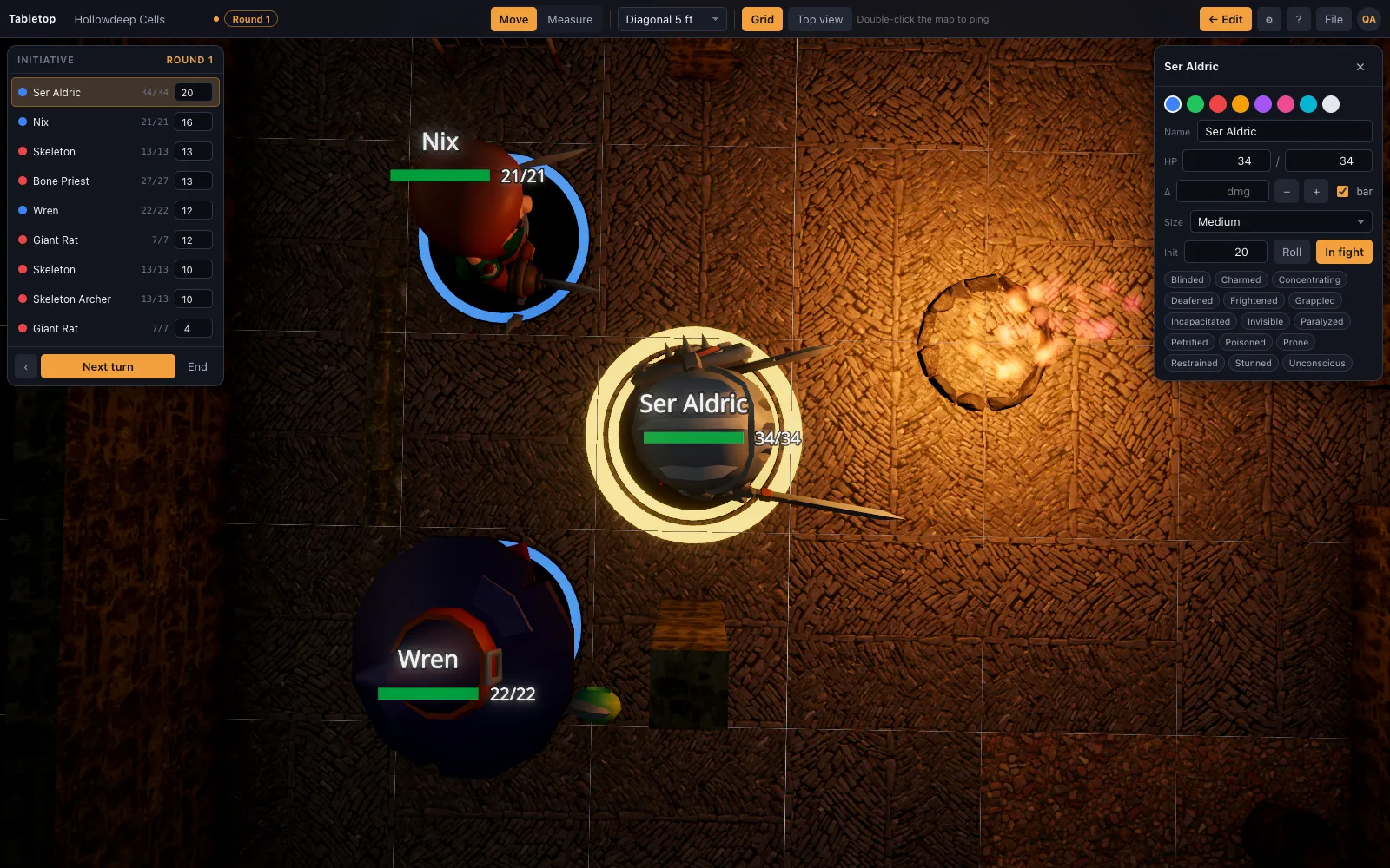 Play mode: miniatures on a flagstone floor, the initiative tracker and a token card open
