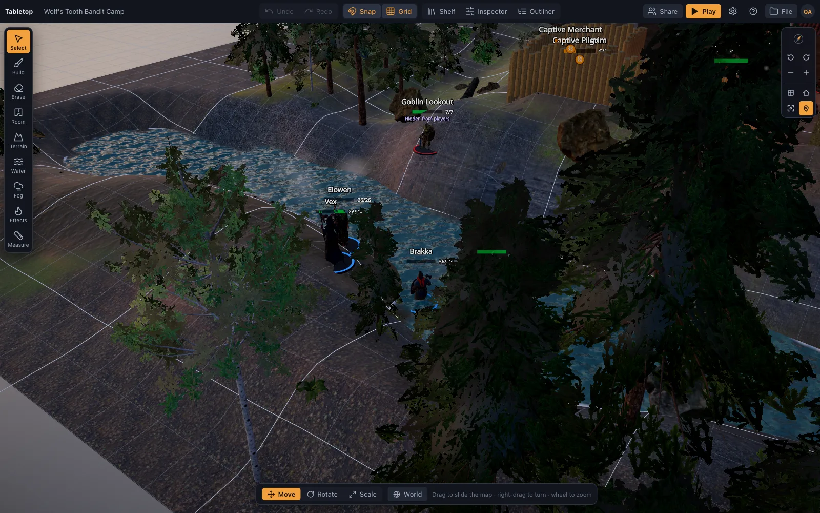 Close-up of the party crossing the ford below the bandits' palisade