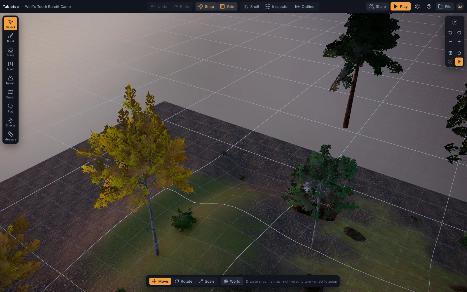 Wolf's Tooth Bandit Camp: a palisade camp on a pine hill at dusk with a longhouse, campfires, tents and a watchtower, the party crossing a brook below