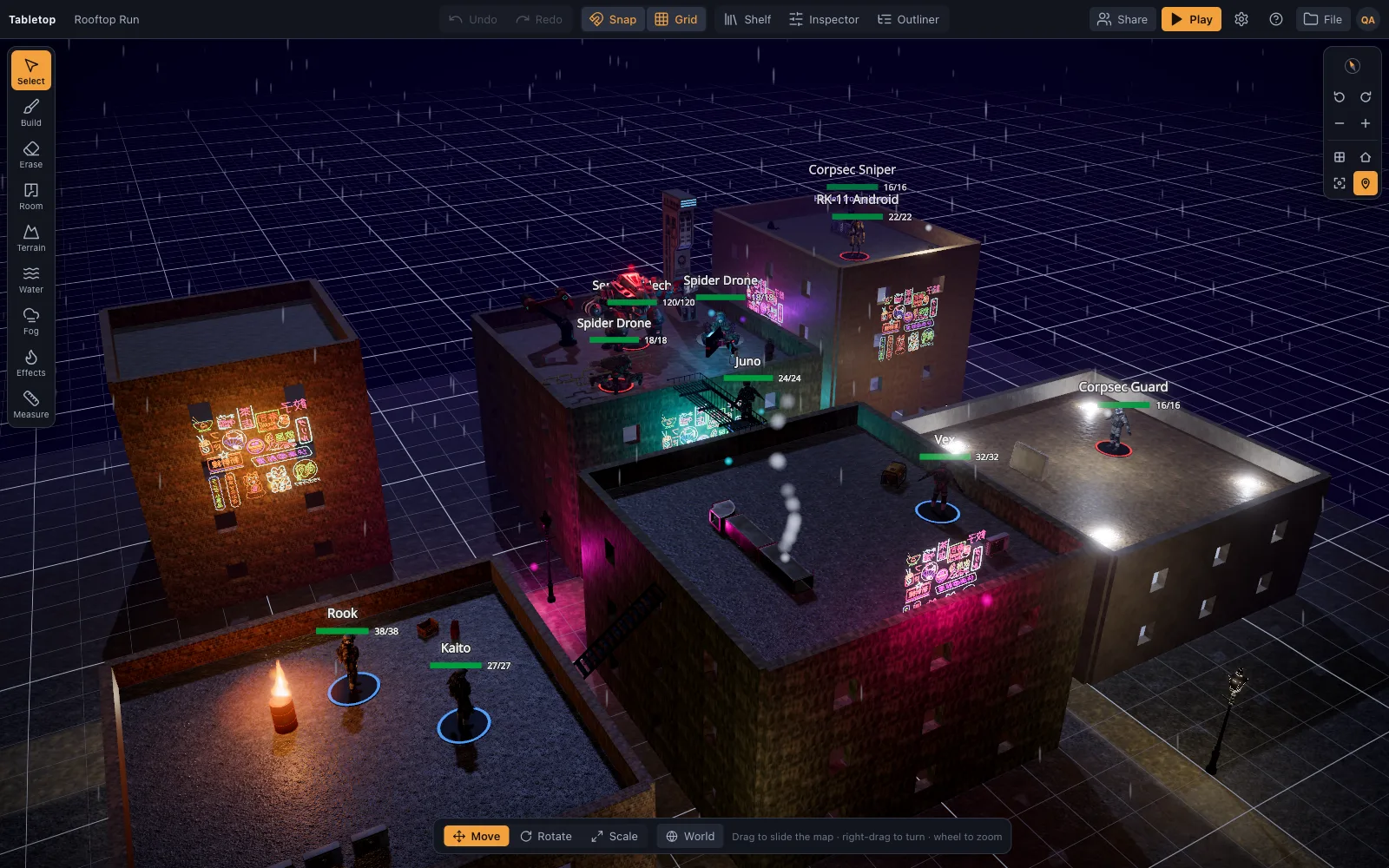Rooftop Run: flat city rooftops at night with a crew, a gangway and a security mech on the target roof
