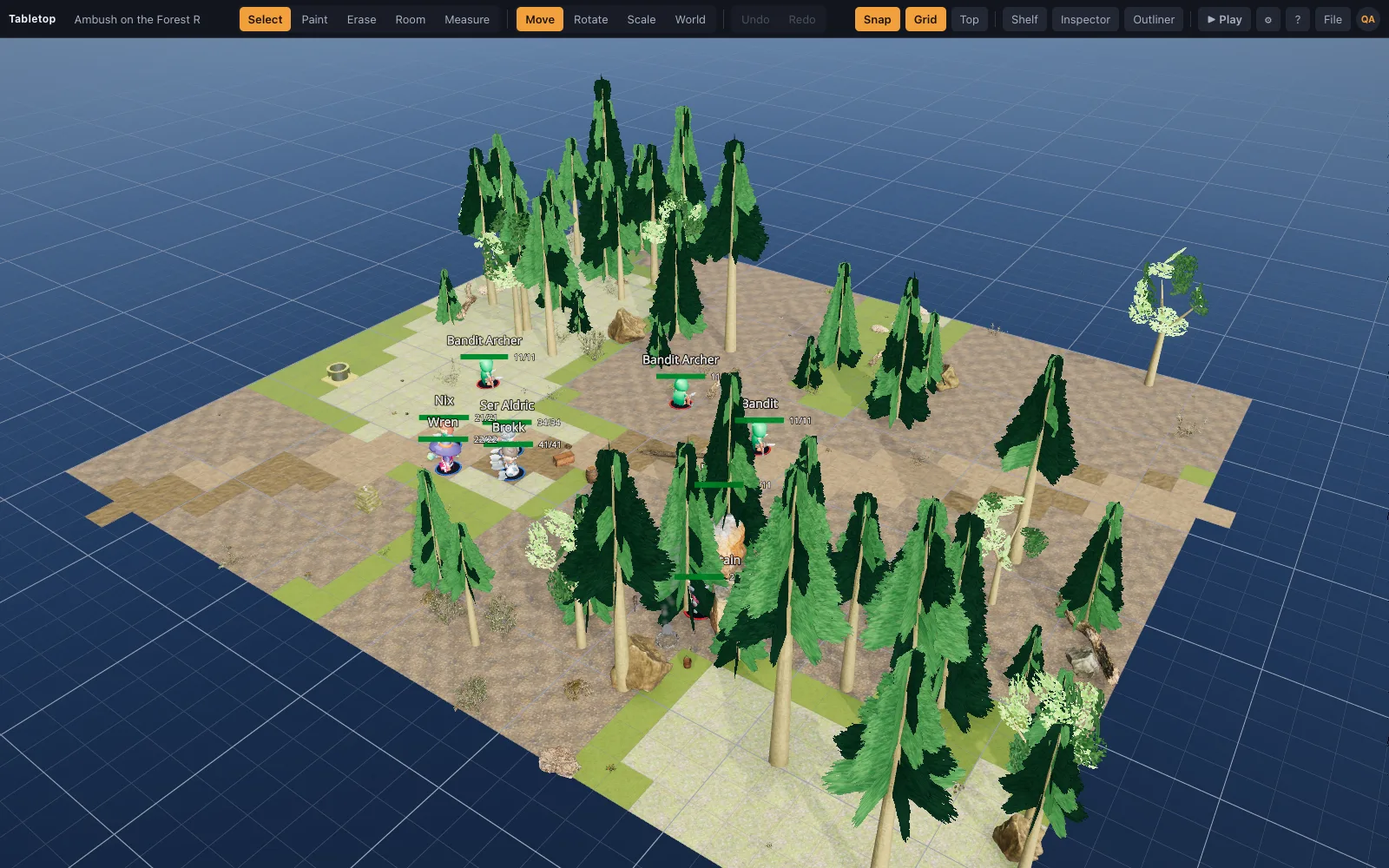Ambush on the Forest Road: a dirt road through pines and boulders