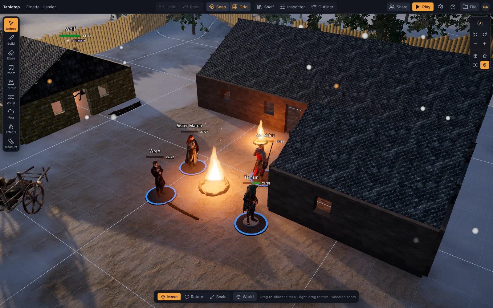Close-up of the party round the campfire on the snowy green