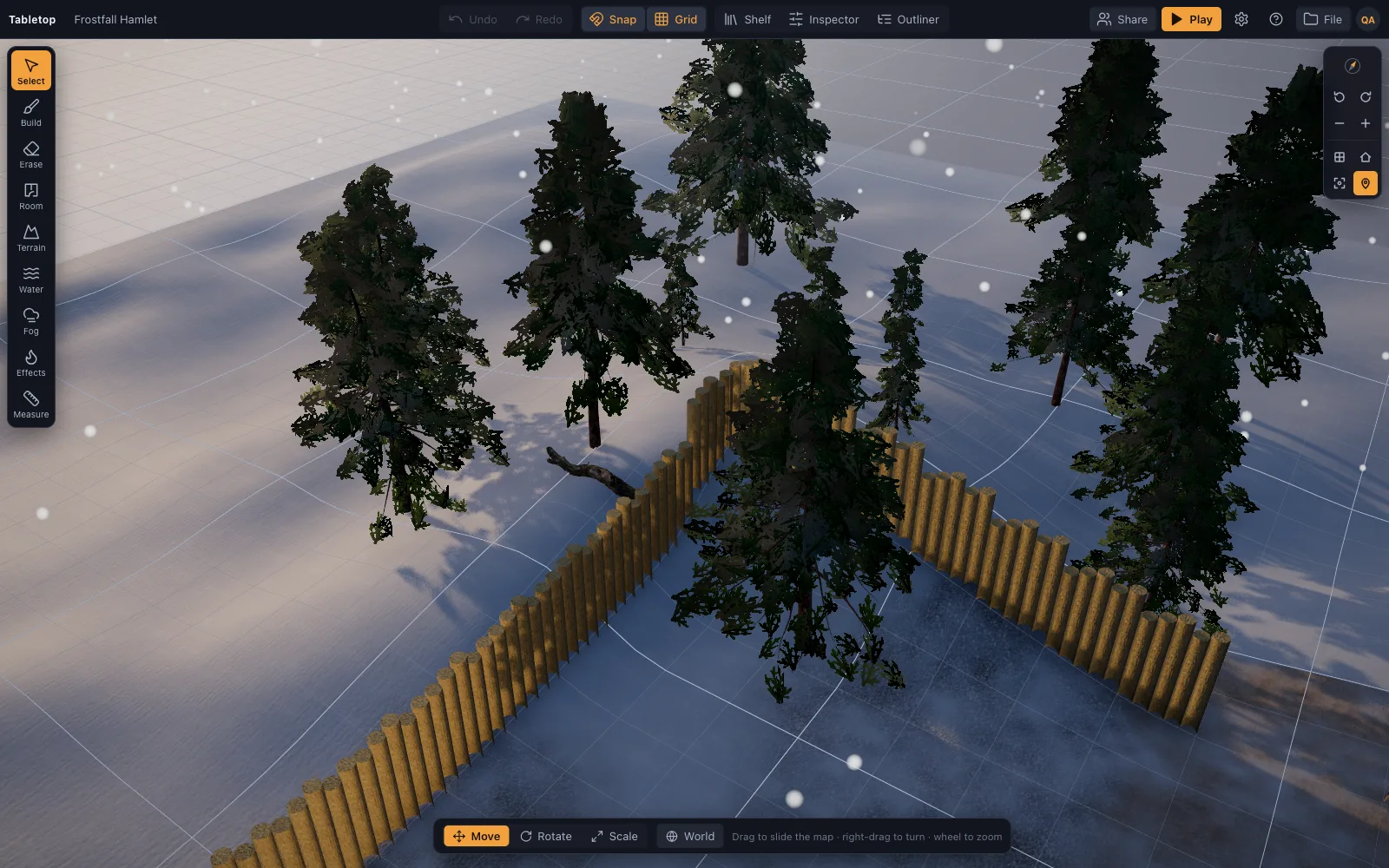 Frostfall Hamlet: a snowbound hamlet at dusk with a mead hall, stone cottages, a palisade and the party round a campfire as wolves come in