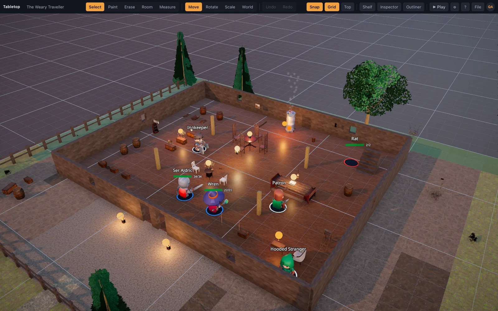Close-up inside the tavern: tables, benches and candlelight