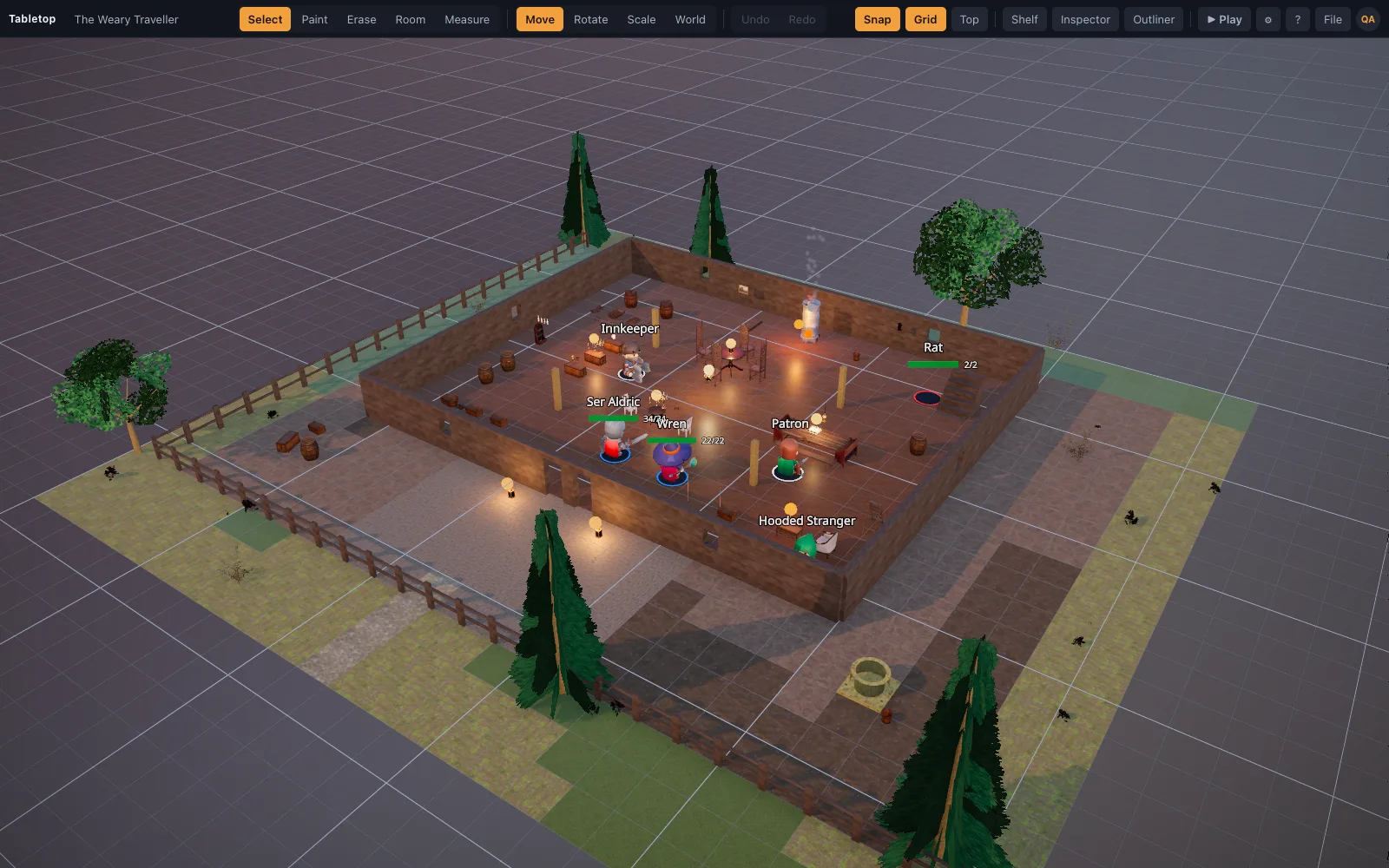 The Weary Traveller: a timber tavern at dusk with a hearth, tables and a yard