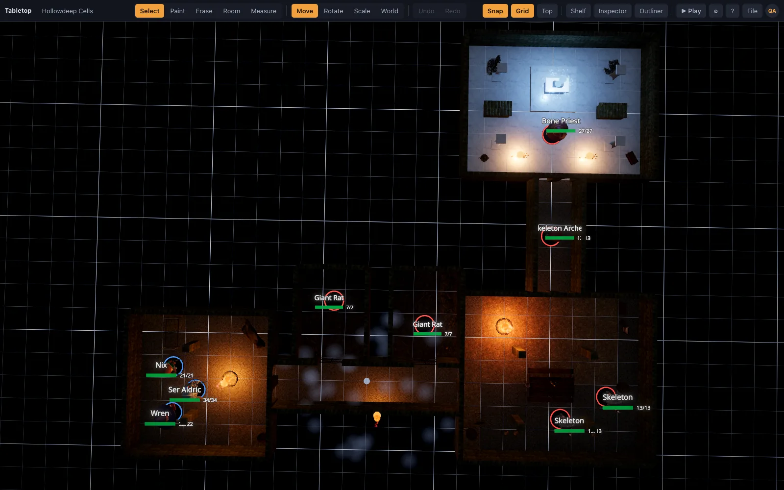 Top-down view of a torchlit dungeon with corridors and cells