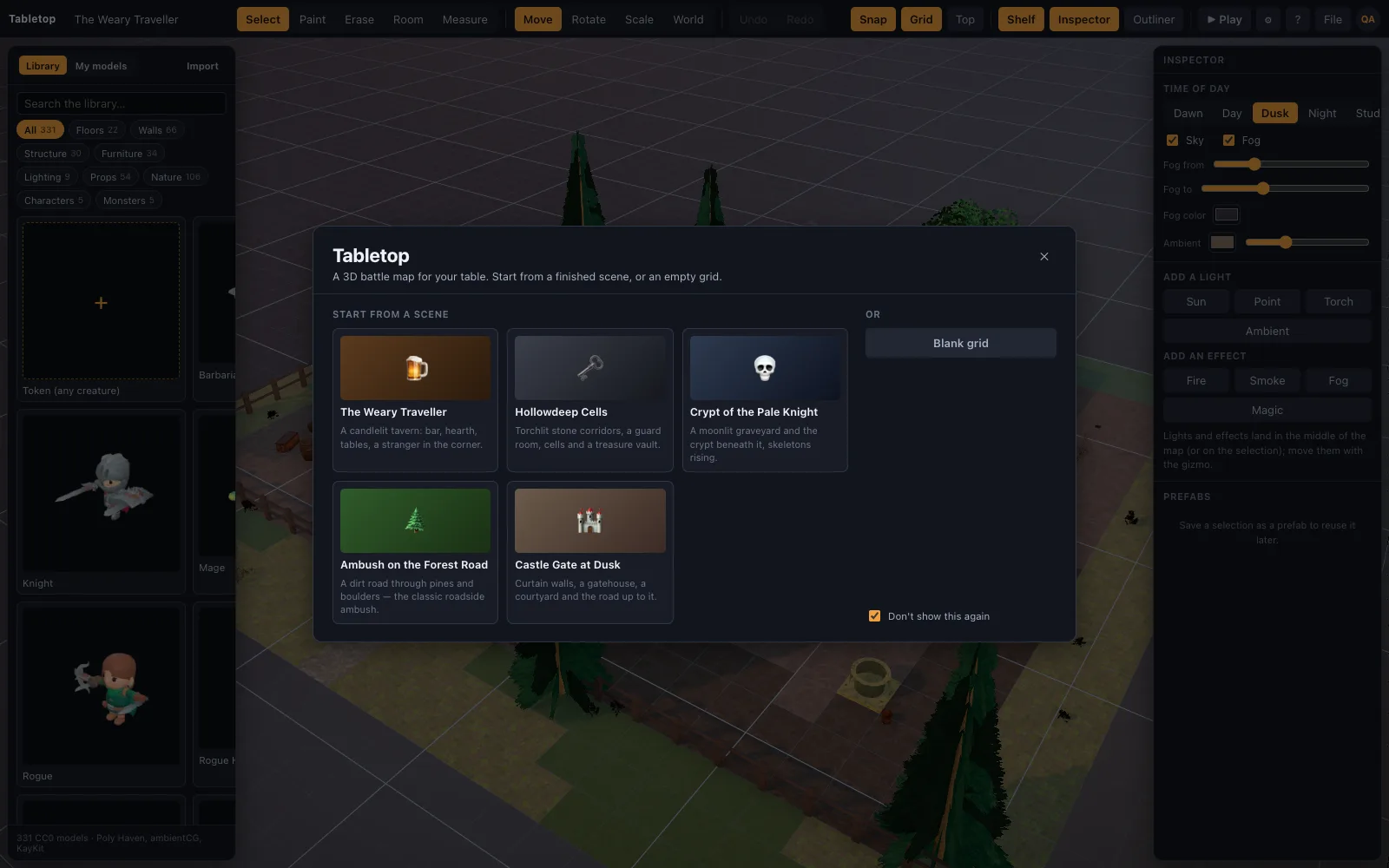 The welcome screen with five starter scenes